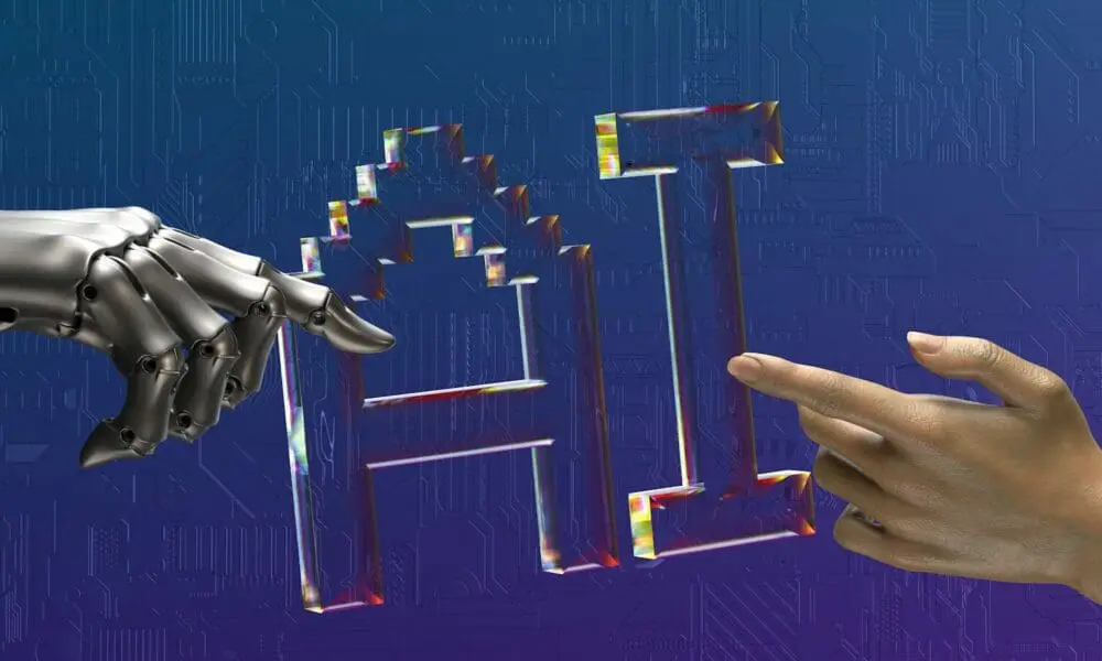 robot and human hands reaching toward ai text