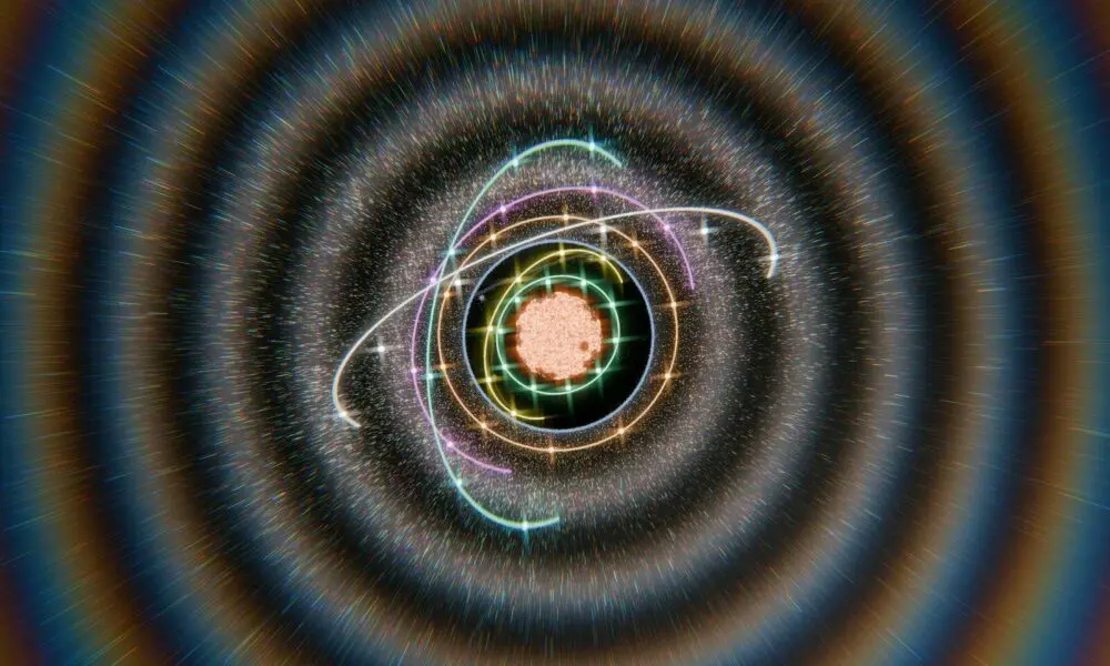 Vibrant atom model with orbiting electrons and swirling cosmic background.