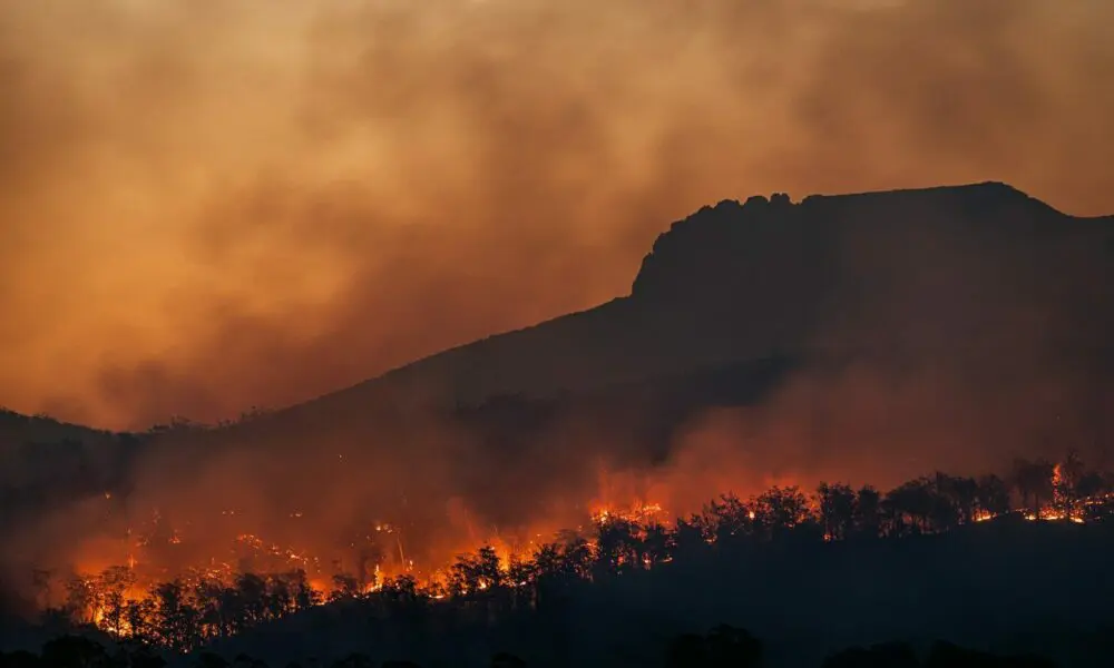 wildfire burning across hillside at dusk