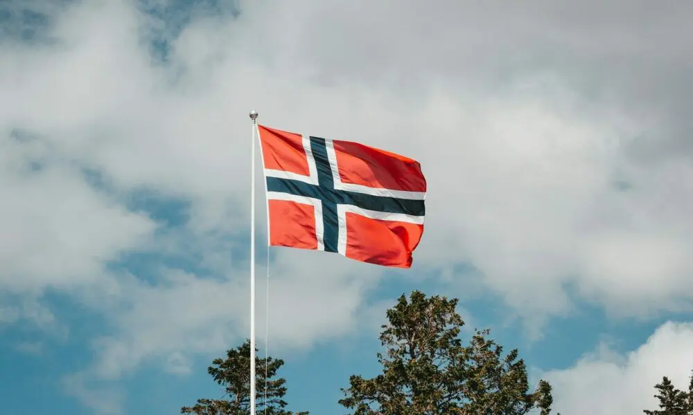 red, blue, and white flag on pole