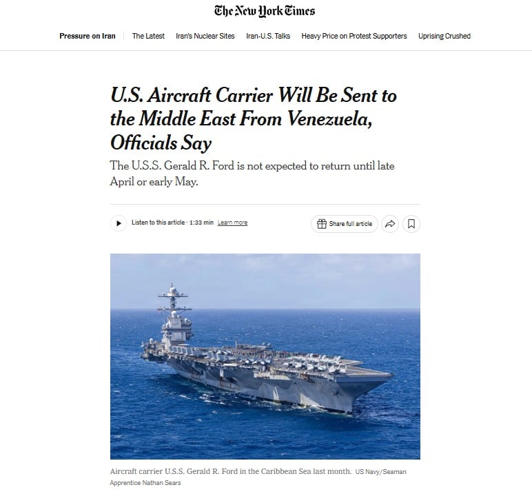 ΗΠΑ: Ανάπτυξη του αεροπλανοφόρου USS Gerald R. Ford στη Μέση Ανατολή