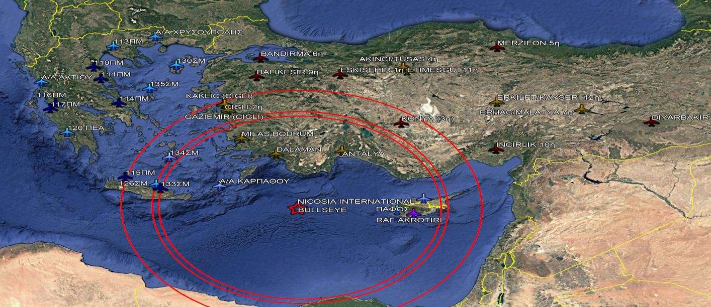 Χάρτης Νο5: Αποστάσεις αεροδρομίων ΠΑ και THK από την πιθανή περιοχή αντιπαράθεσης