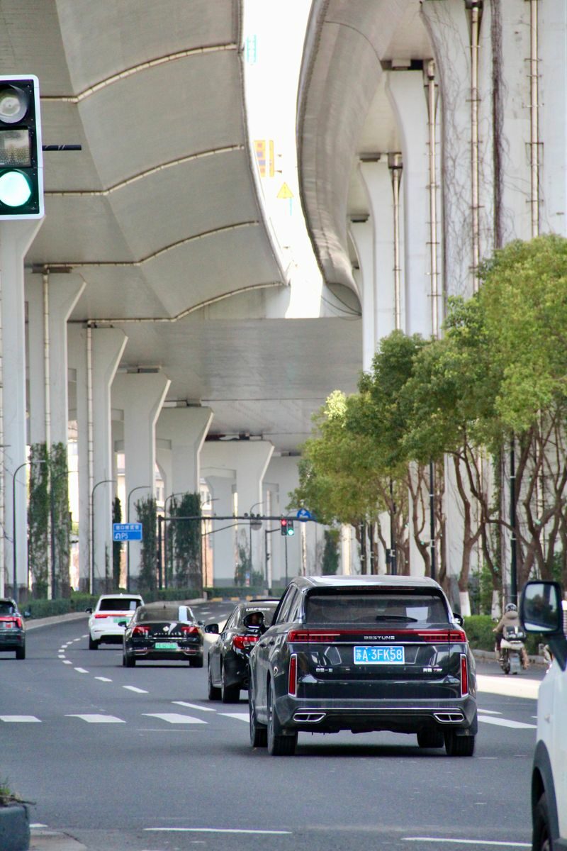 Cars driving under elevated highway in Shanghai, China during daytime.