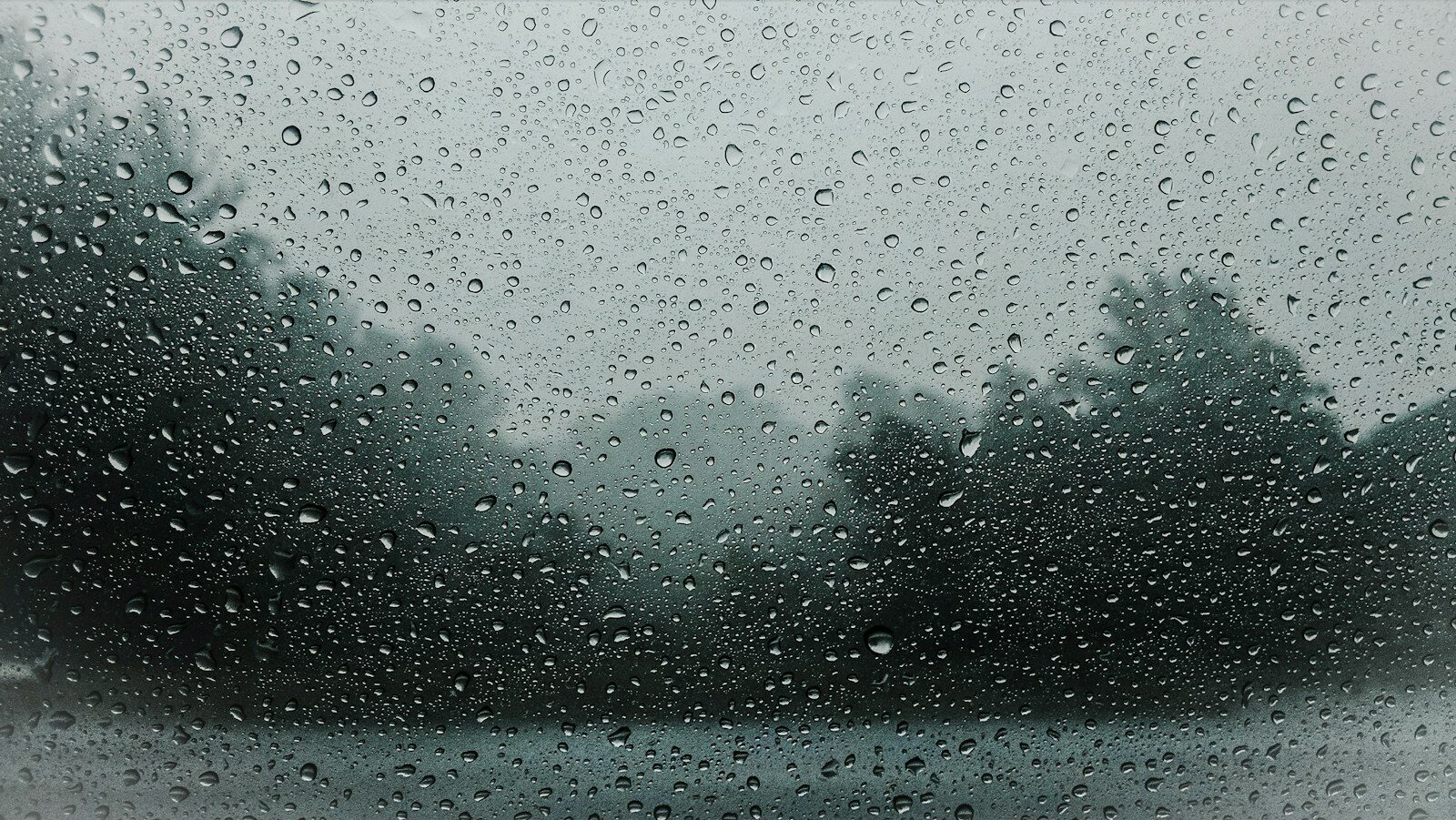 Raindrops on a window pane with blurred trees in the background